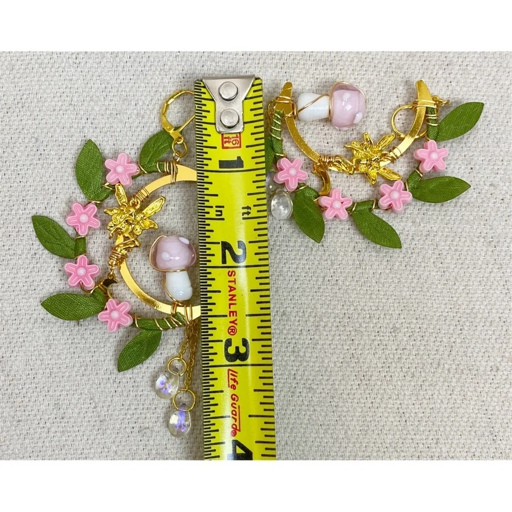 Floral Mushroom Crescent Moon Hoop Earrings with Gold Accents Fairy